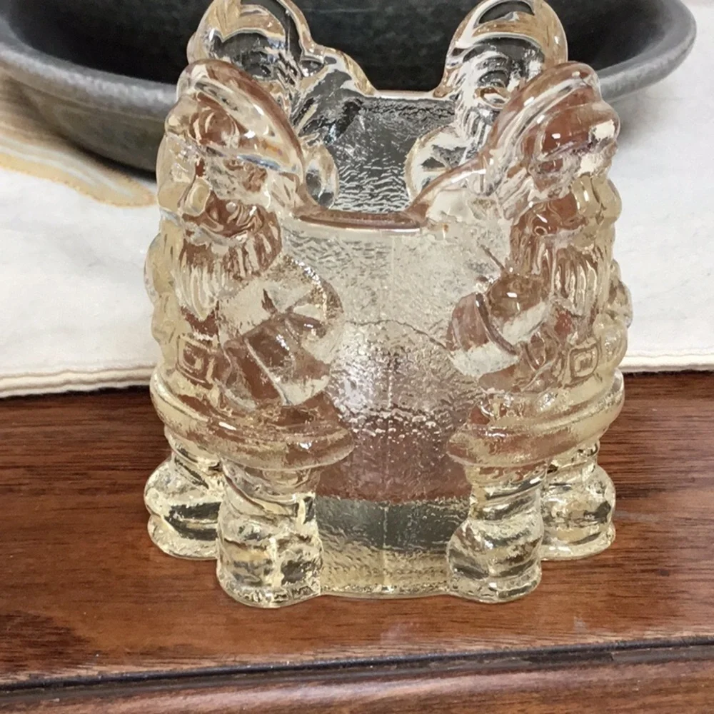 HEAVY vintage light yellow cut glass Santa votive candle holder.